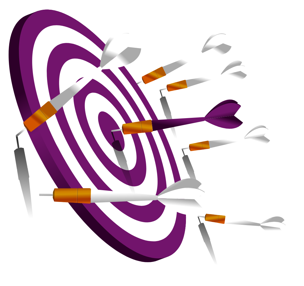 Digital marketing target concept with multiple arrows hitting a bullseye
