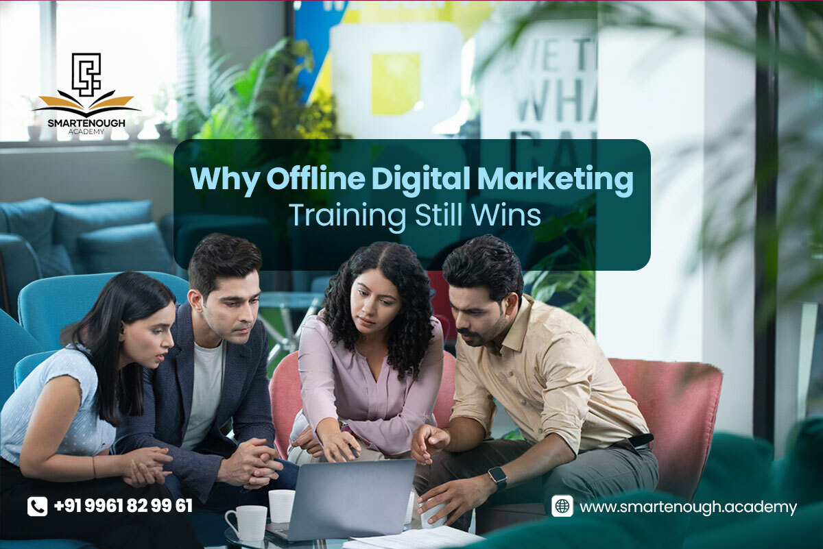Students learning hands-on at an offline digital marketing academy with expert trainers guiding them through digital marketing with AI tools and strategies.