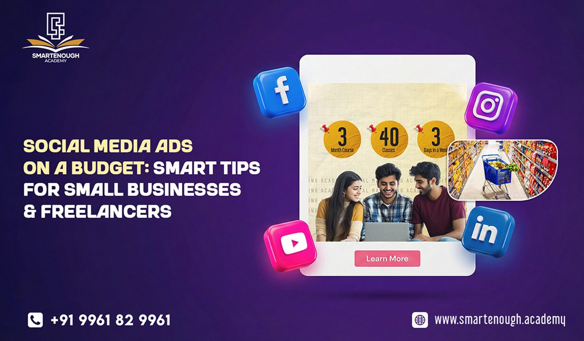 Small business owner managing social media ads on a laptop with guidance similar to an offline digital marketing academy.