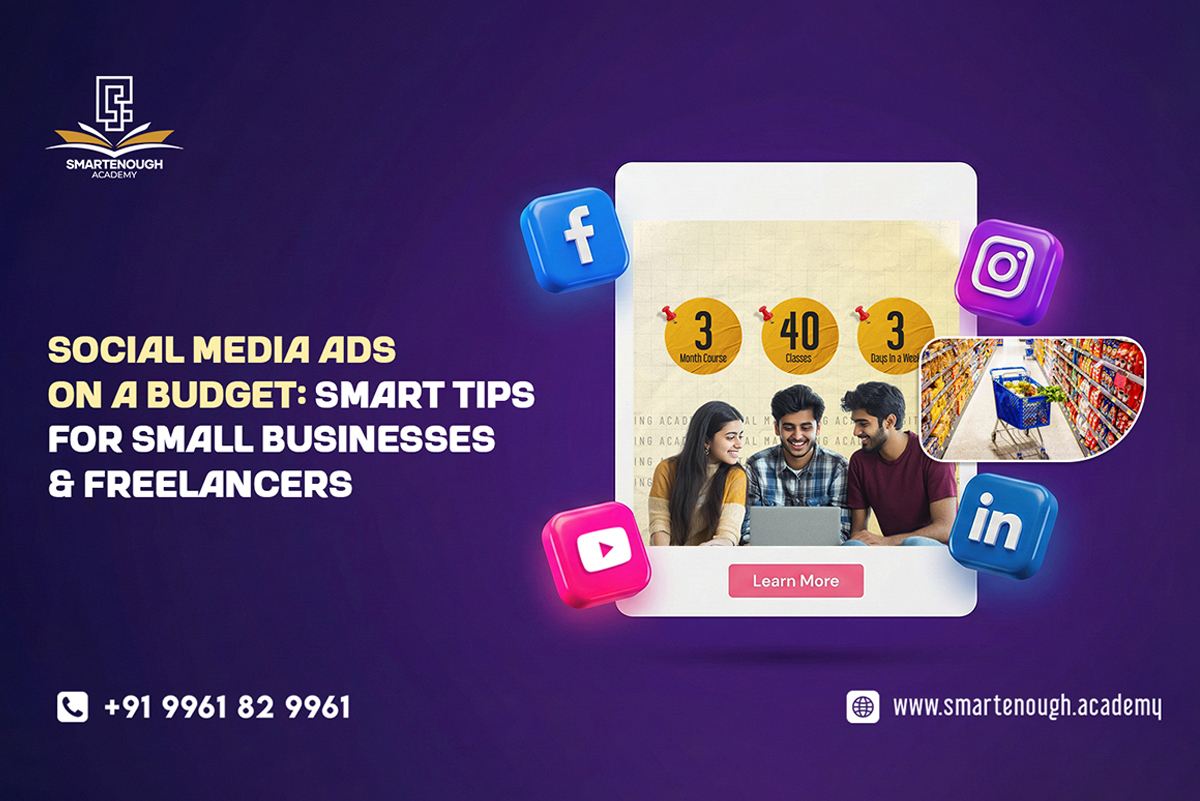 Small business owner managing social media ads on a laptop with guidance similar to an offline digital marketing academy.